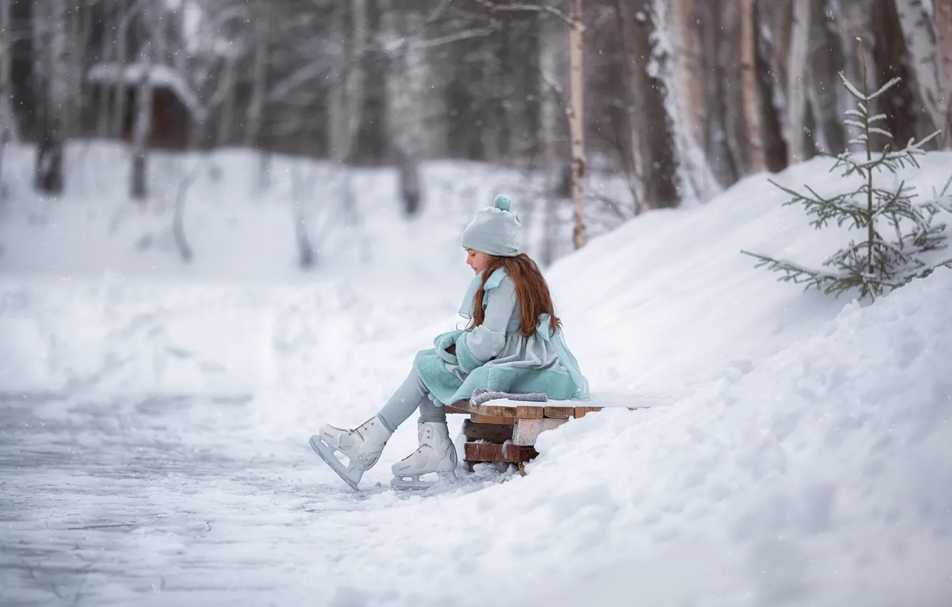 Photo wallpaper winter, snow, trees, nature, girl, rink, child, skates