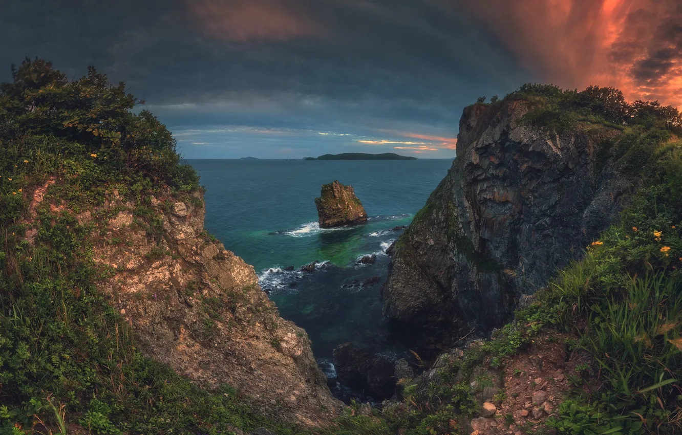 Photo wallpaper sea, landscape, nature, rocks, vegetation, the evening, Andrew Krovlin