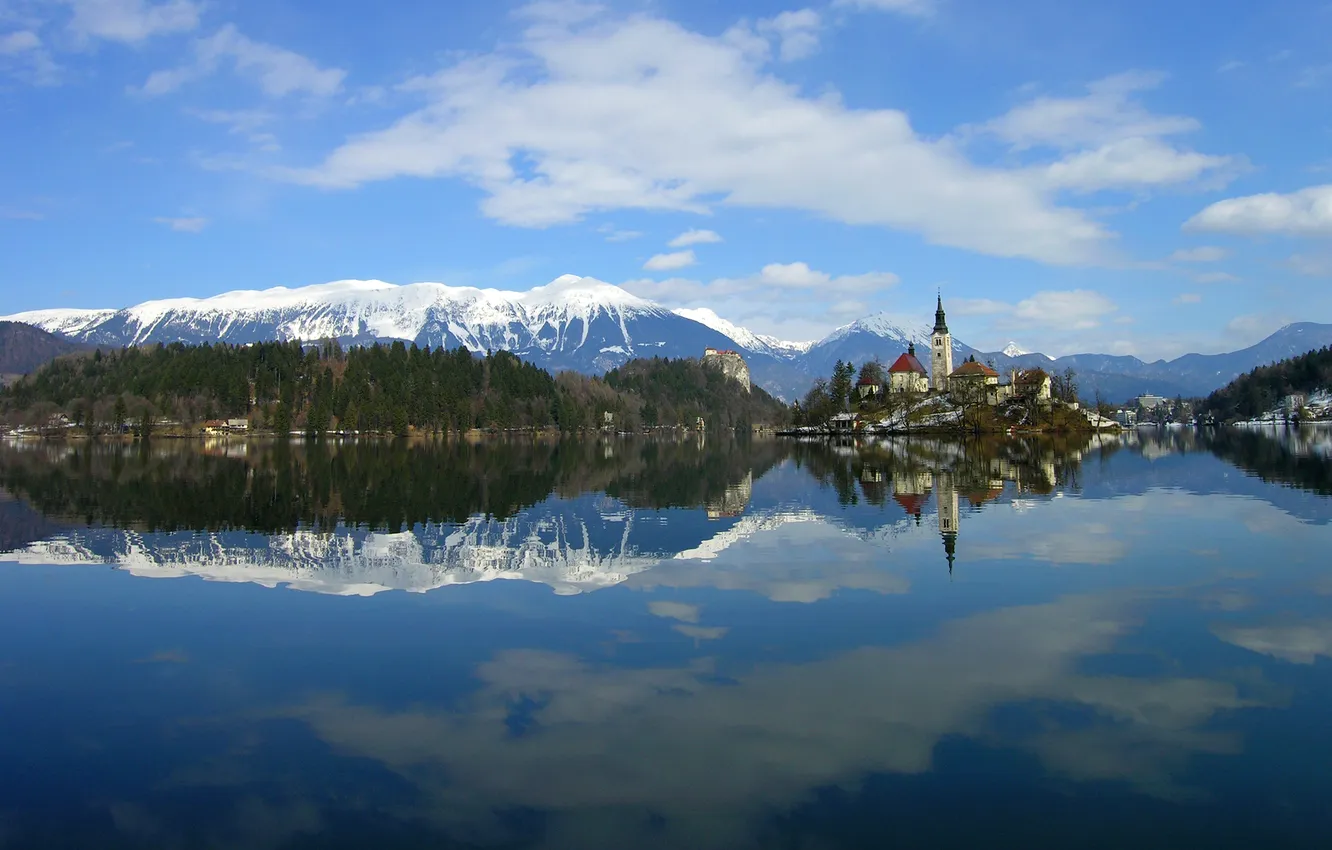 Photo wallpaper winter, snow, mountains, lake, temple, Slovenia, Lake Bled