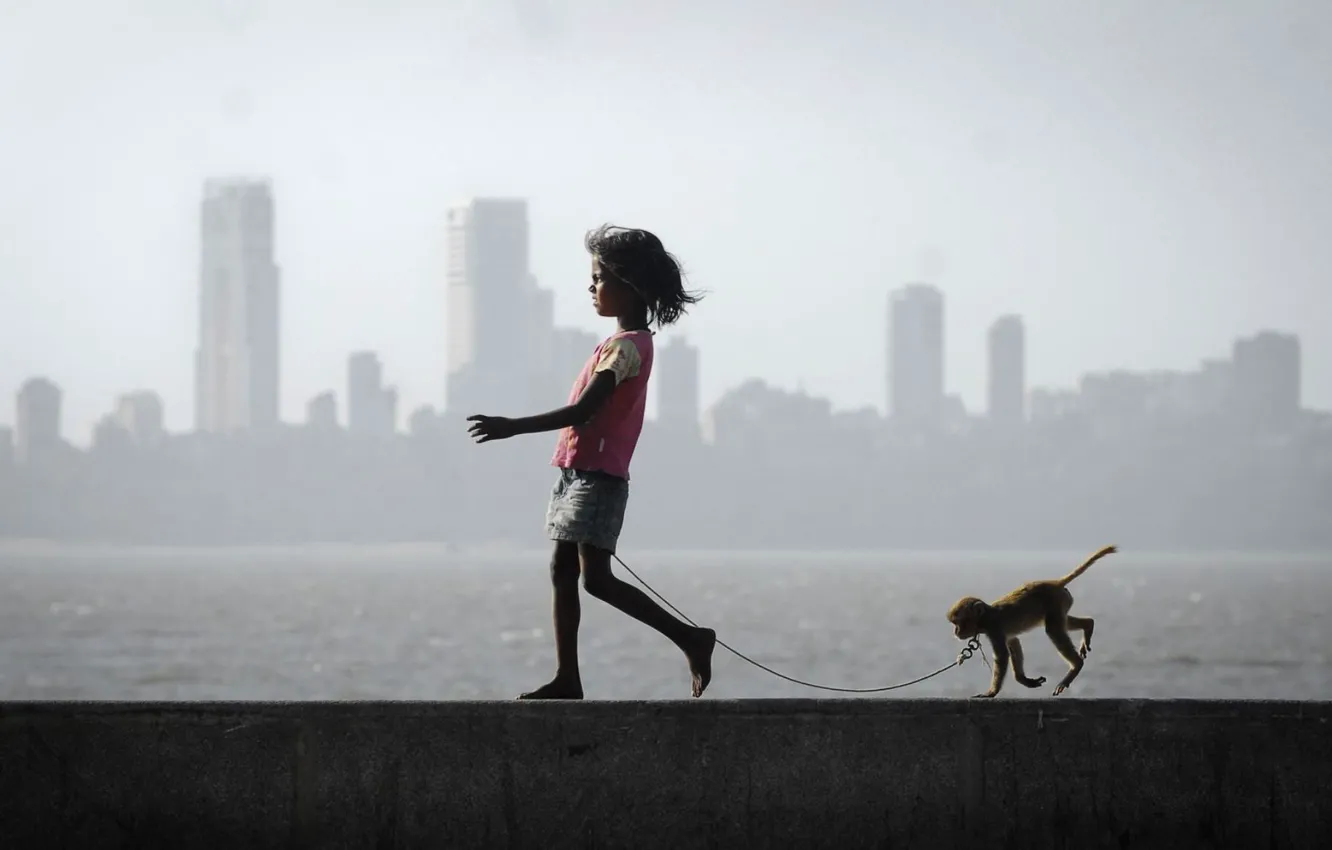 Photo wallpaper girl, monkey, promenade