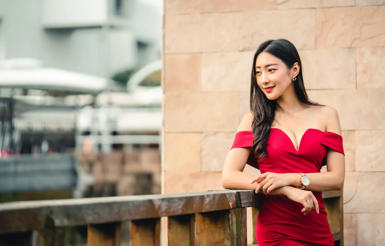 Photo wallpaper girl, smile, dress, brunette, Asian