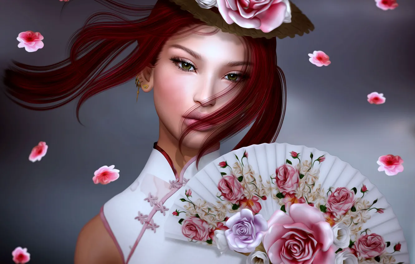 Photo wallpaper girl, flowers, fan, Asian