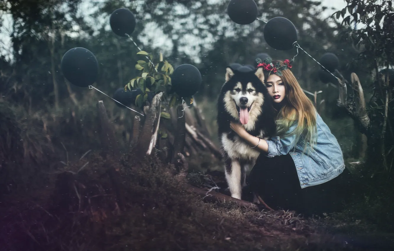 Photo wallpaper girl, balls, dog