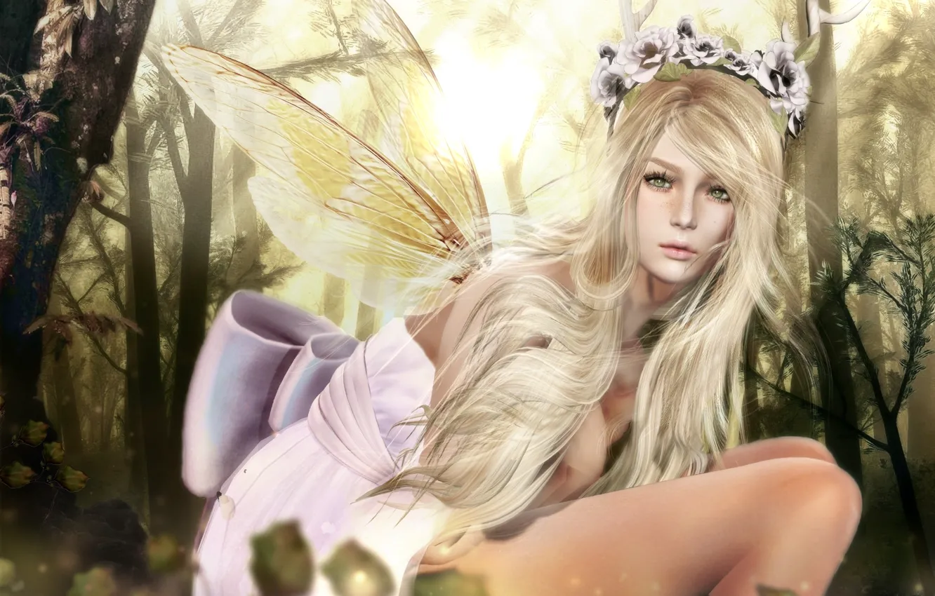 Photo wallpaper girl, wings, fairy, wreath