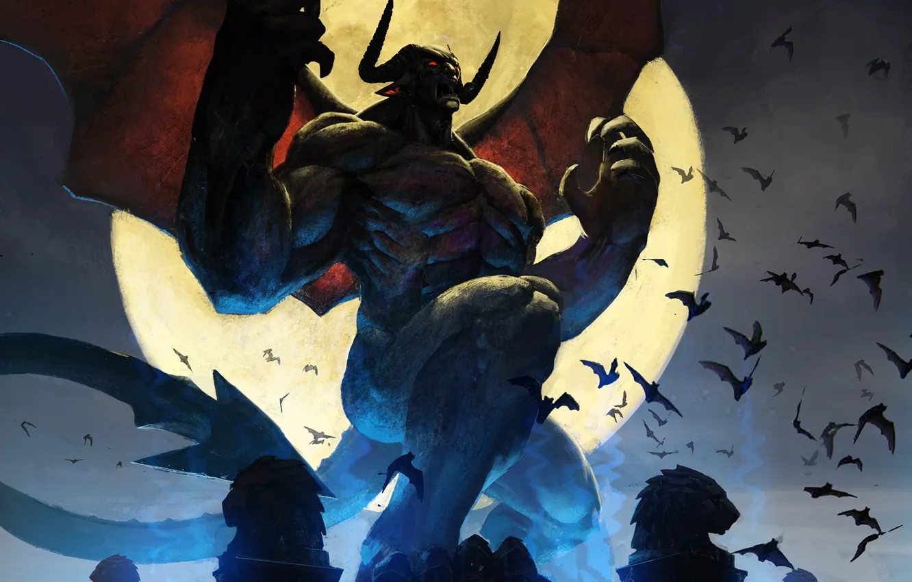 Photo wallpaper the moon, wings, art, tail, horns, bats, gargoyle, Omuk