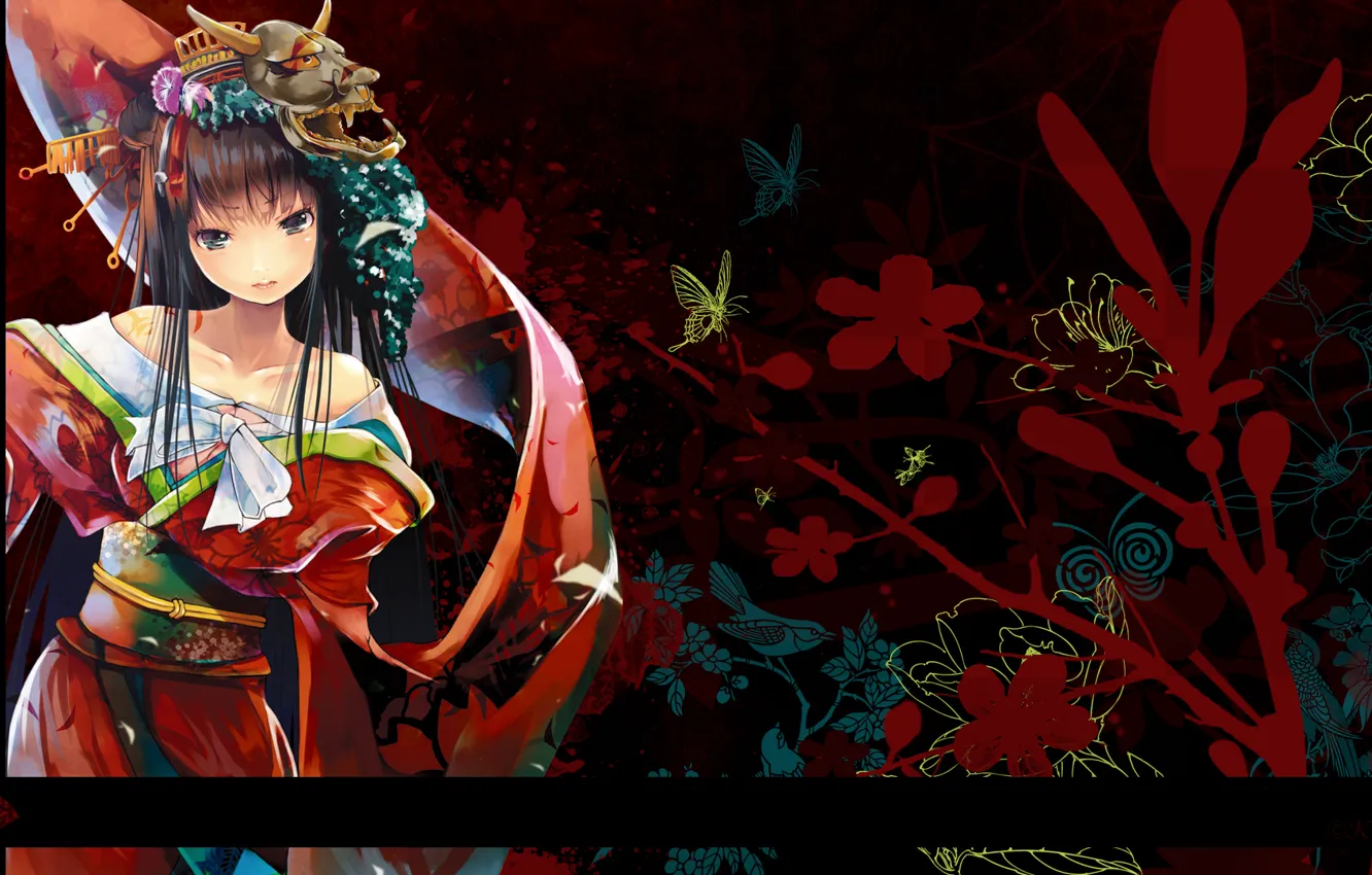 Photo wallpaper butterfly, mask, girl, kimono, Geisha, hairstyle