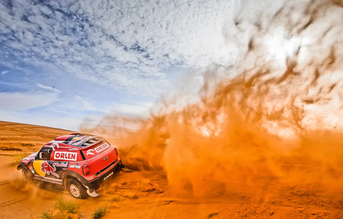 Photo wallpaper sand, the sky, red, race, sport, speed, Mini, dust