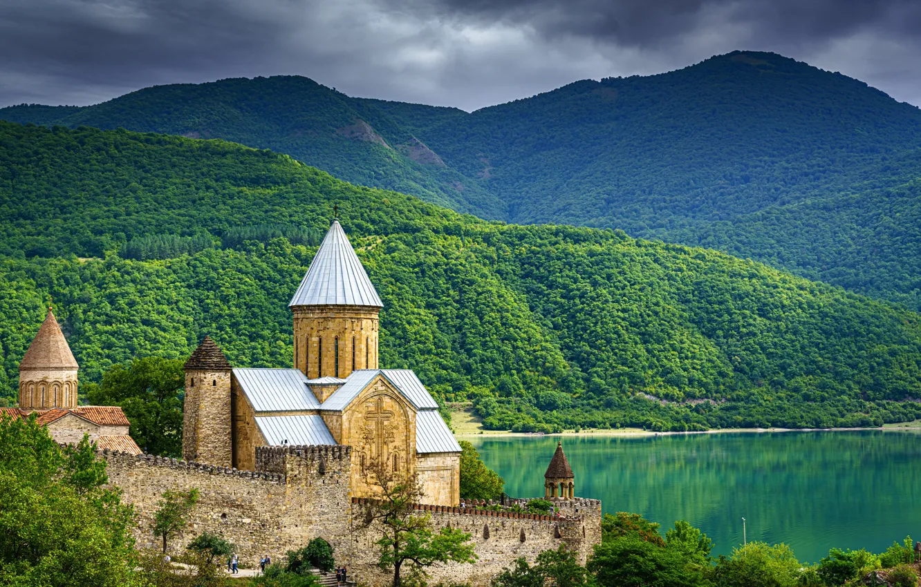 Photo wallpaper mountains, fortress, Georgia, Ananuri