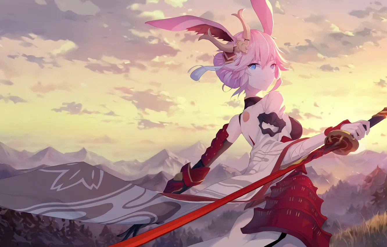 Photo wallpaper girl, mountains, sword, ears, Honkai Impact 3rd, Yae Sakura