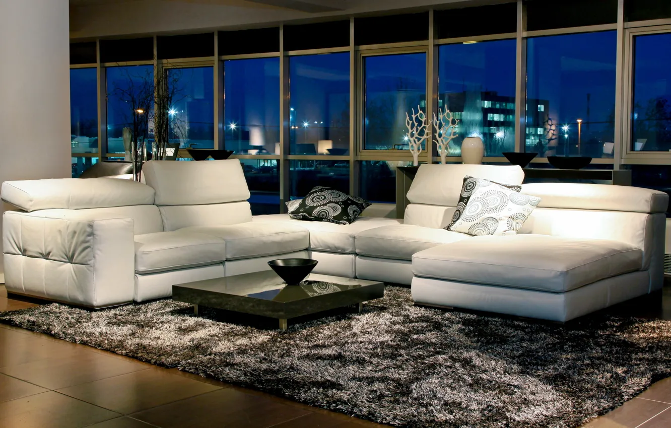 Photo wallpaper white, night, design, style, room, sofa, carpet, furniture