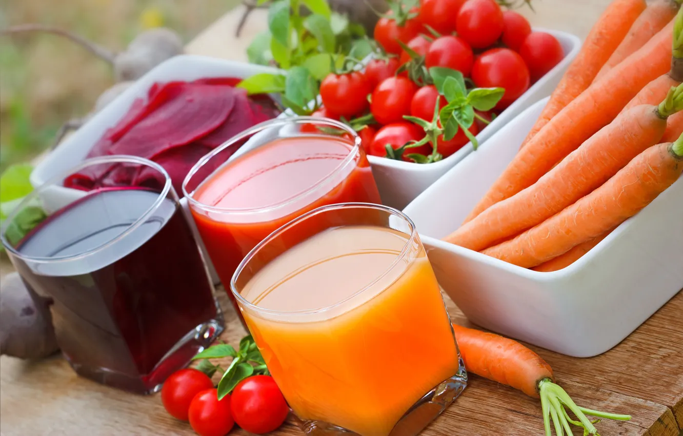 Photo wallpaper vegetables, tomatoes, vegetables, juice, juice, carrots