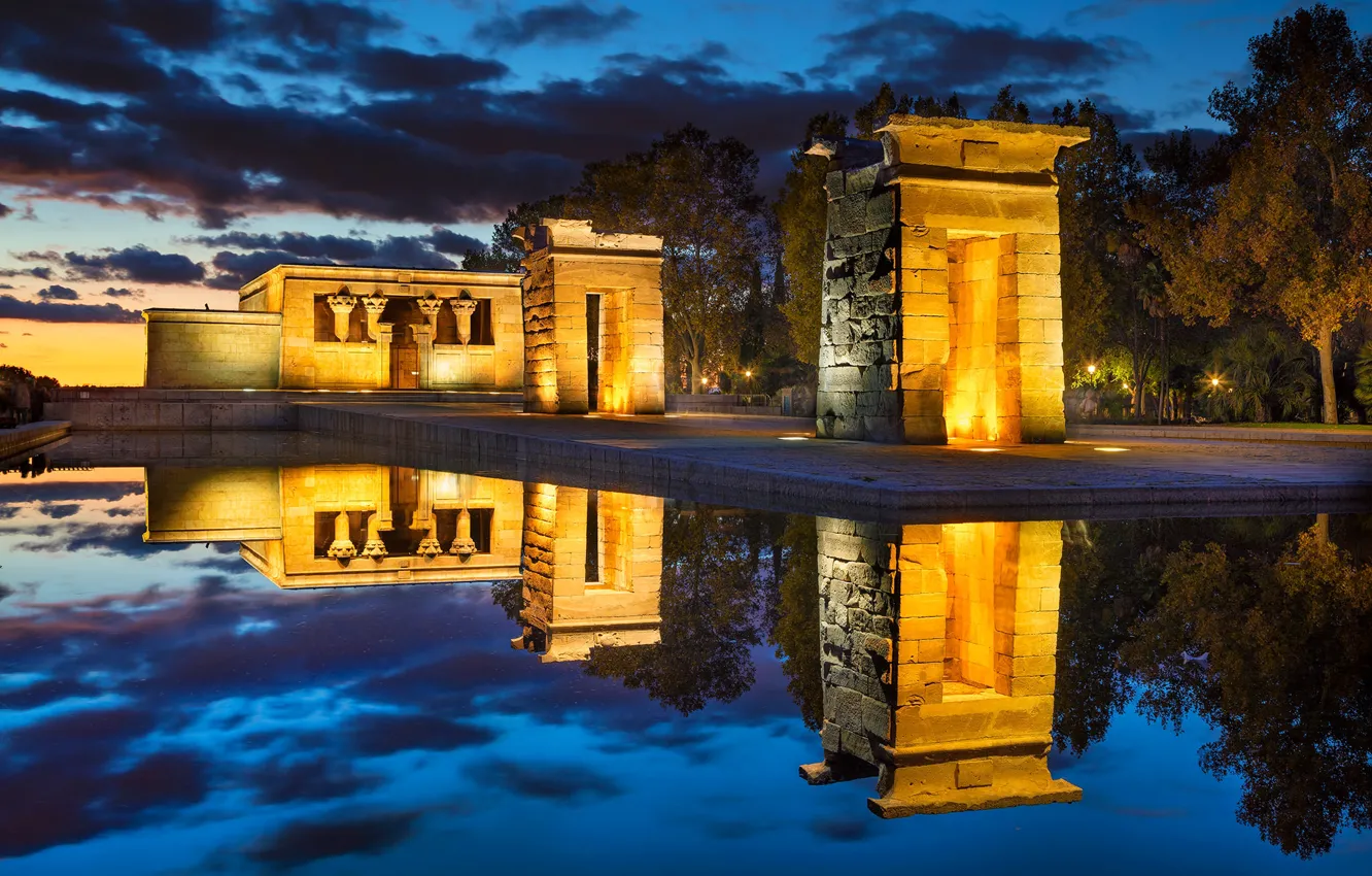 Photo wallpaper night, lights, reflection, Spain, Madrid, The Temple Of Debod