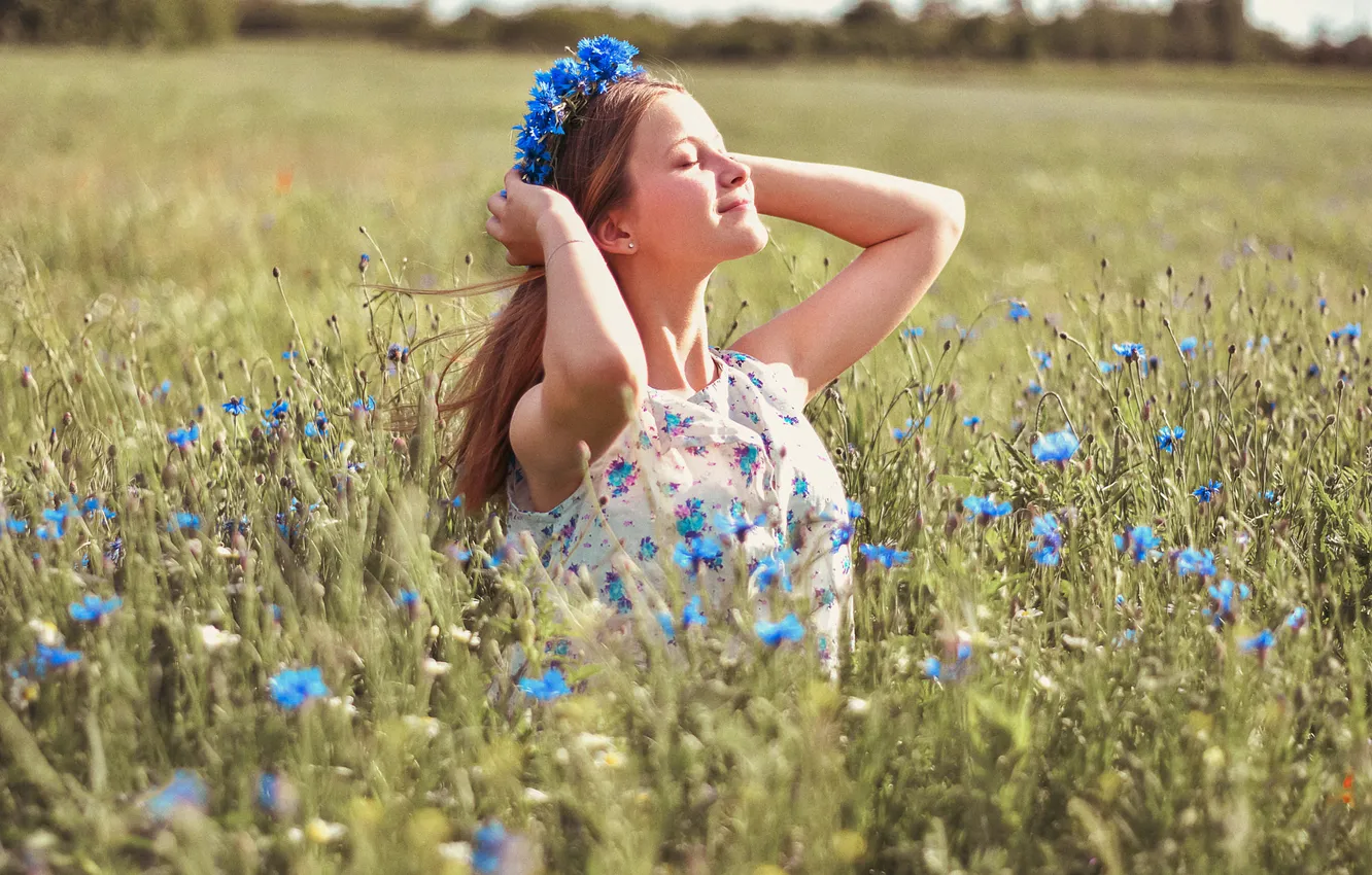 Photo wallpaper field, summer, girl, light, flowers, nature, pose, smile