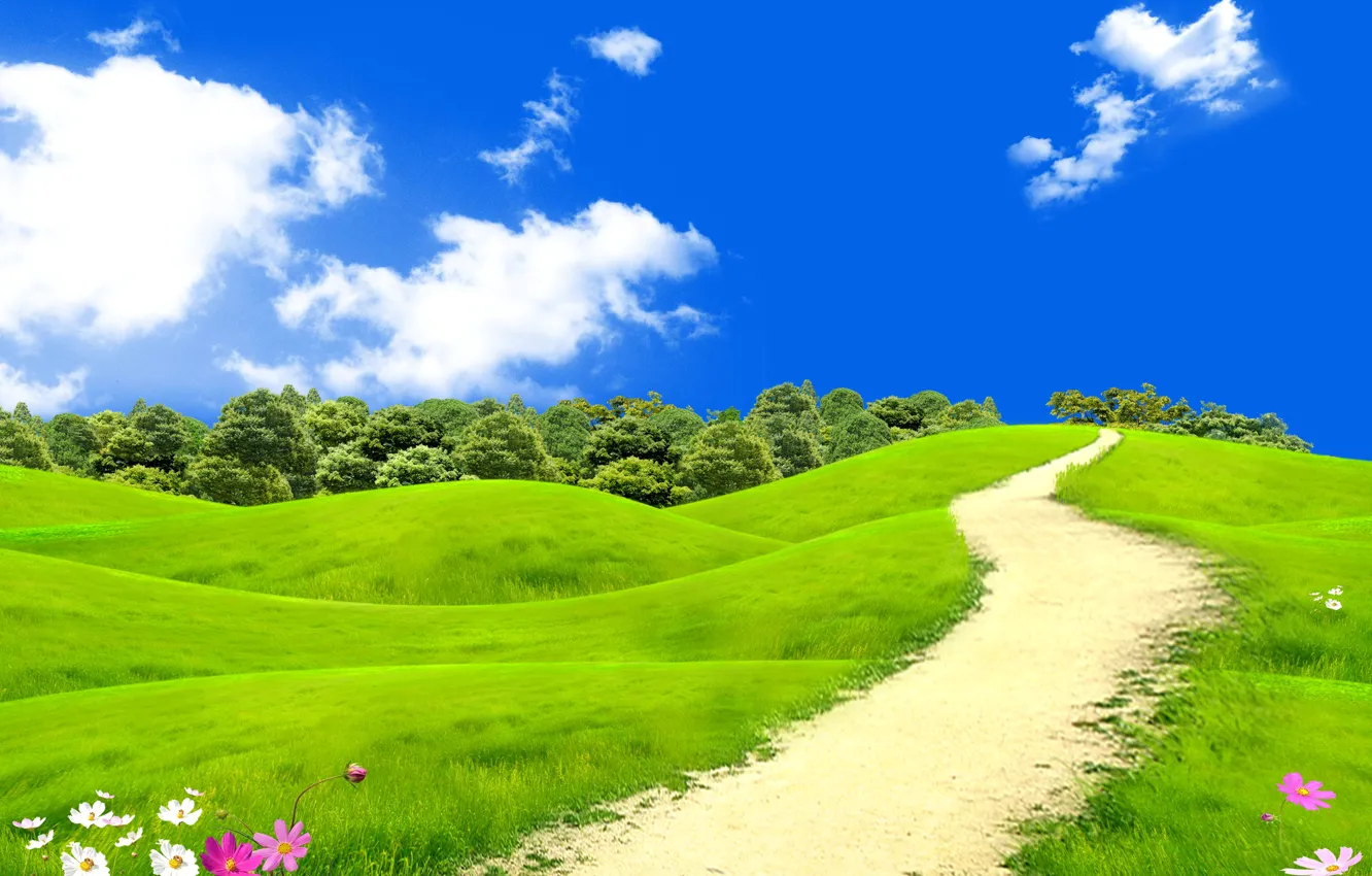 Photo wallpaper field, summer, the sky, grass, the sun, clouds, trees, flowers