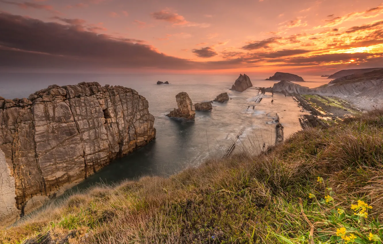 Photo wallpaper beach, sky, sea, sunset, seascape, rocks, shore, nature landscape
