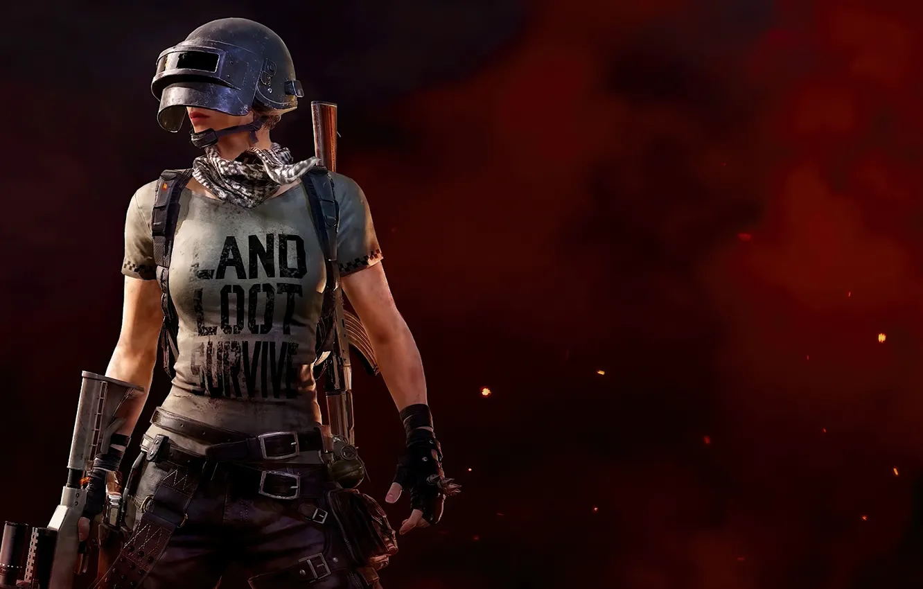 Photo wallpaper girl, background, t-shirt, helmet, PlayerUnknown's Battlegrounds