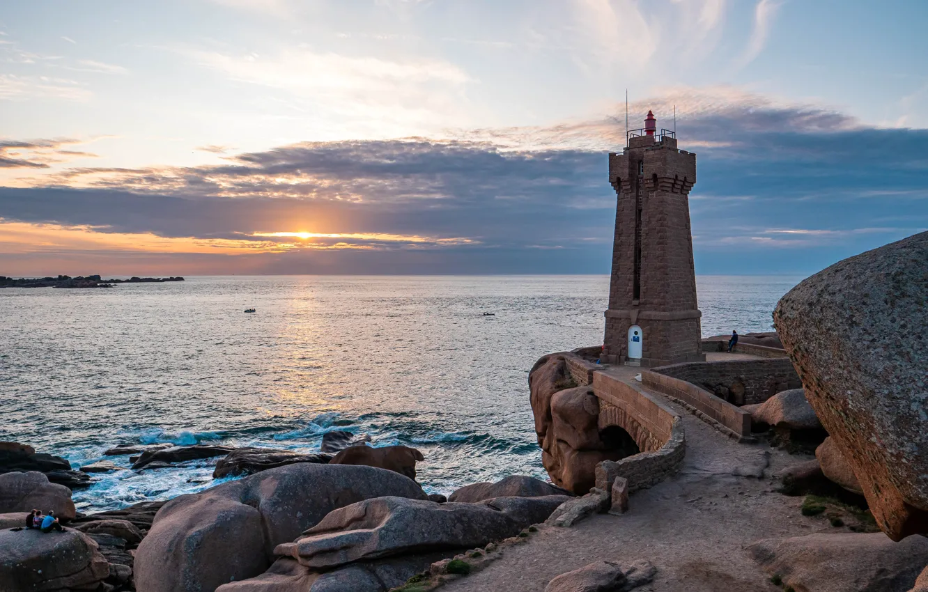 Photo wallpaper sea, sunrise, stones, dawn, France, lighthouse, France, boulders