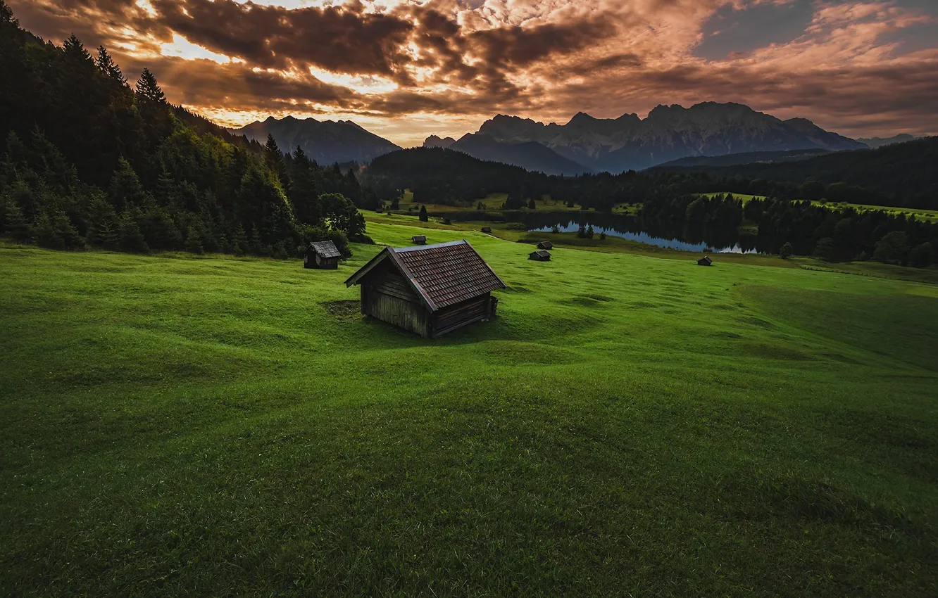 Photo wallpaper greens, field, forest, summer, the sky, grass, clouds, mountains