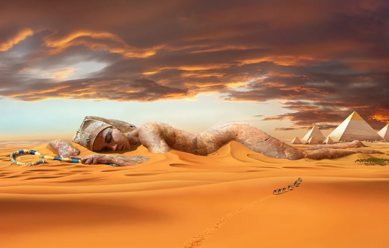 Photo wallpaper sand, desert, dunes, statue, pyramid, camels, caravan