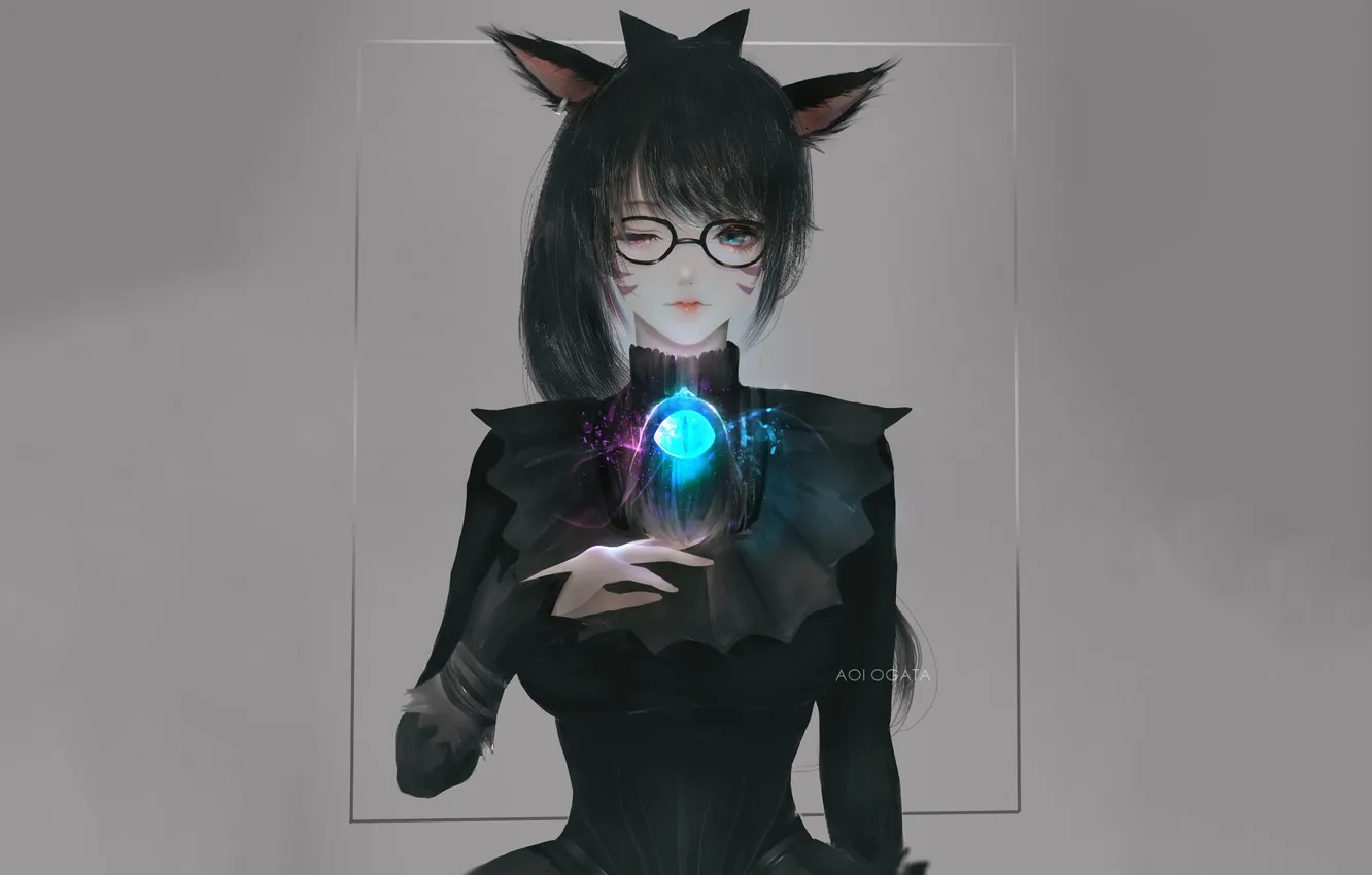 Photo wallpaper cat, eyes, girl, grey background