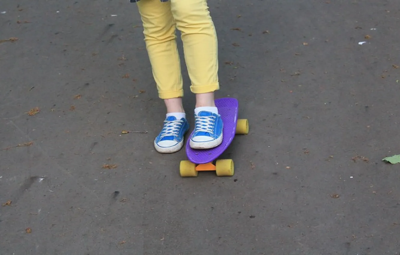 Photo wallpaper blue, yellow, style, sport, sneakers, jeans, penny Board