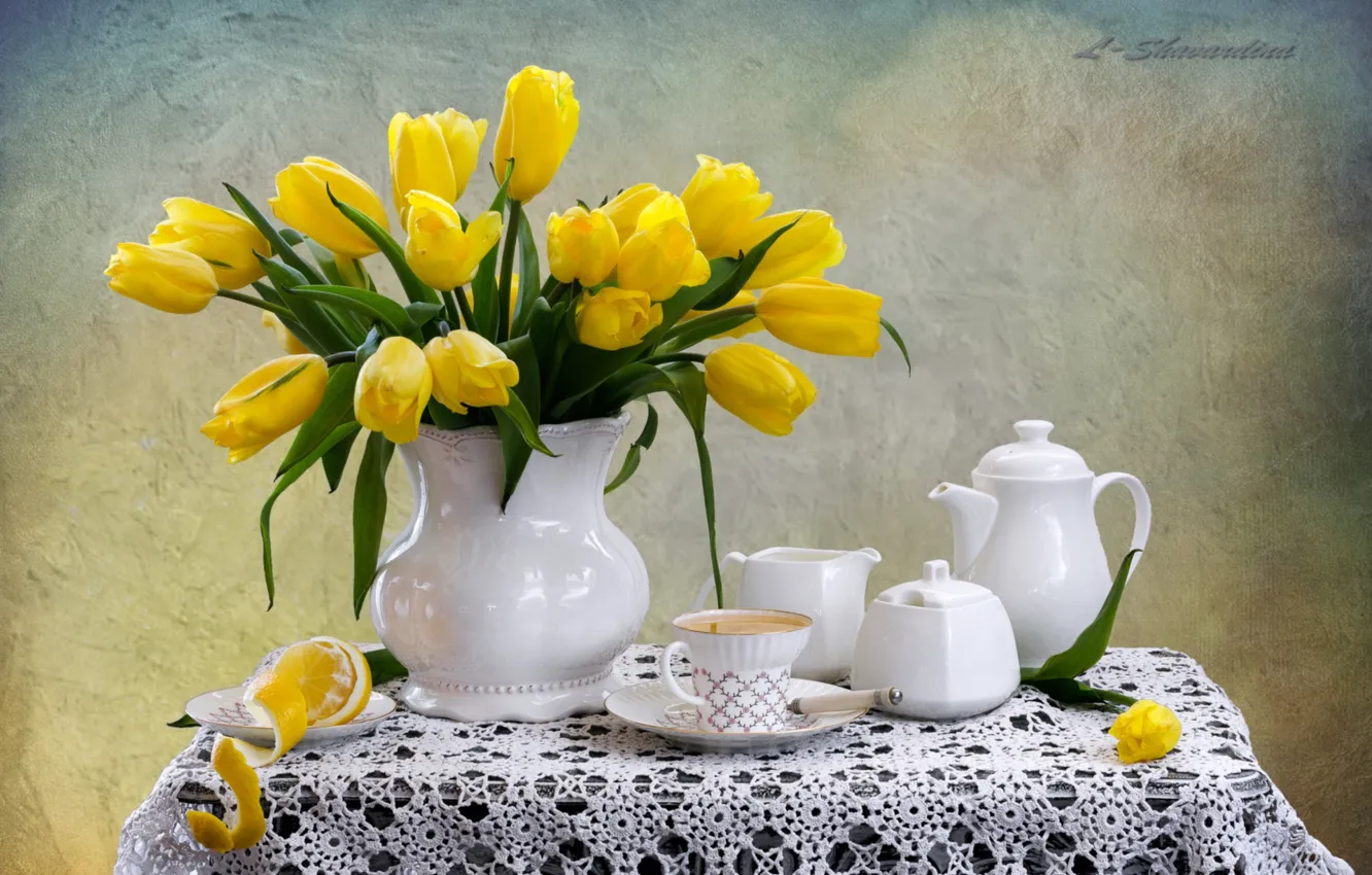 Photo wallpaper lemon, tea, tulips, dishes, still life