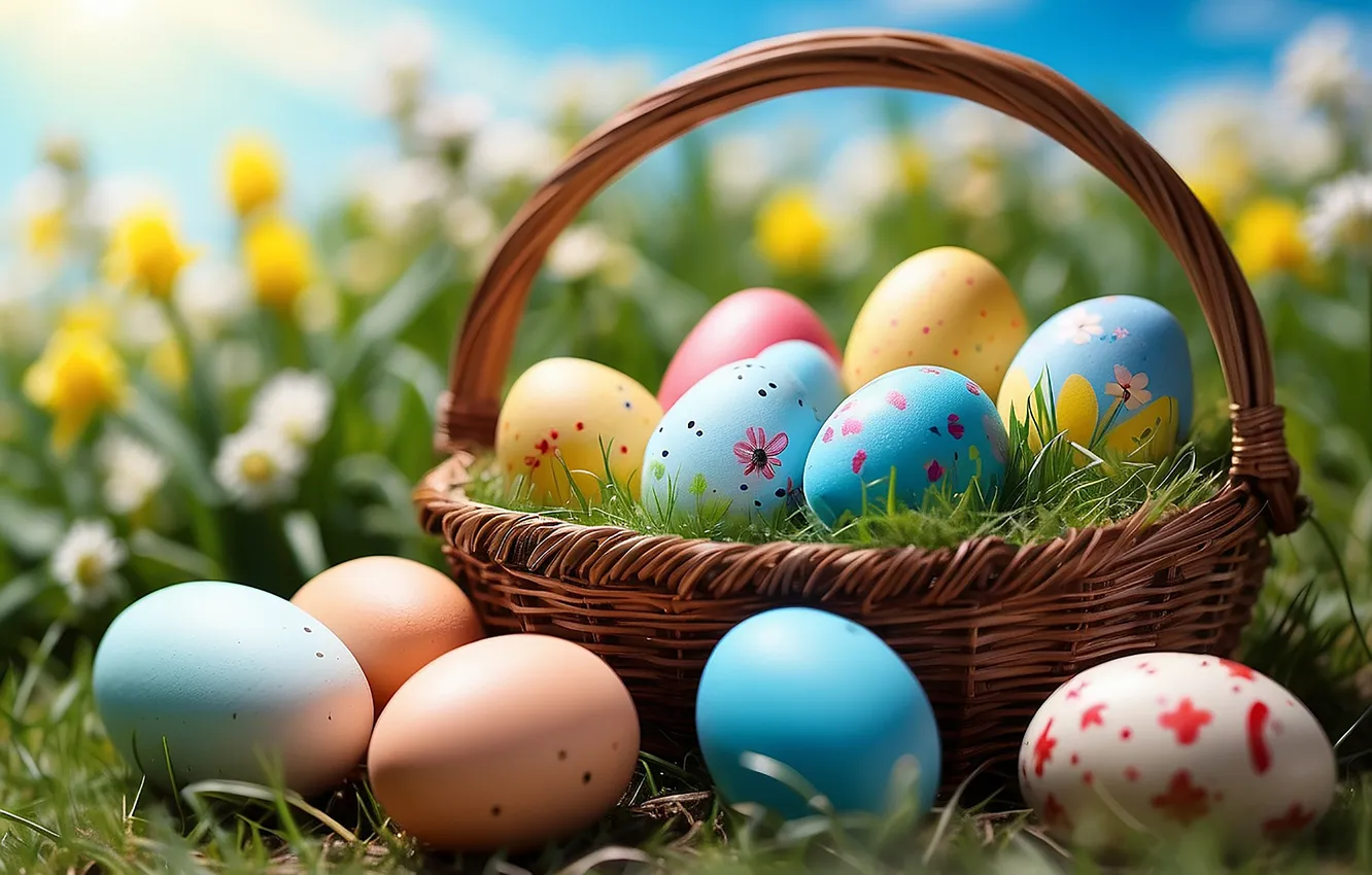 Photo wallpaper flowers, eggs, spring, colorful, Easter, flowers, spring, Easter