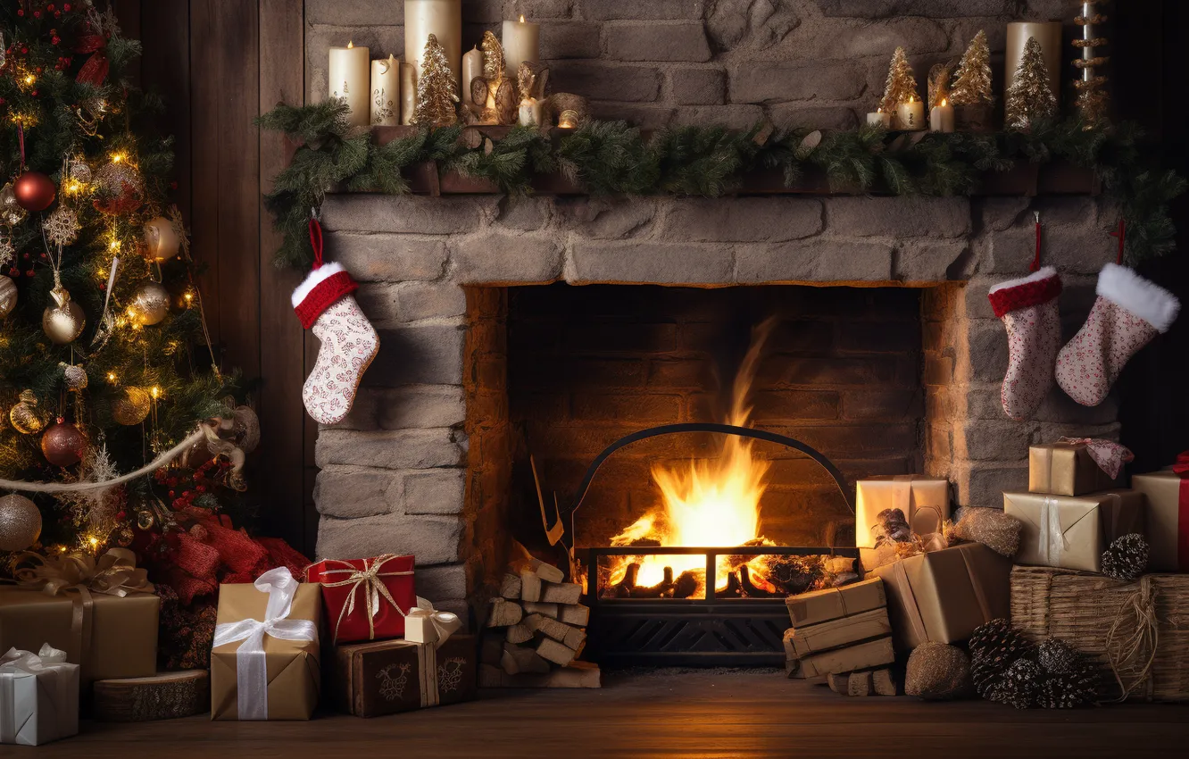 Photo wallpaper decoration, room, gift, balls, tree, new year, interior, Christmas