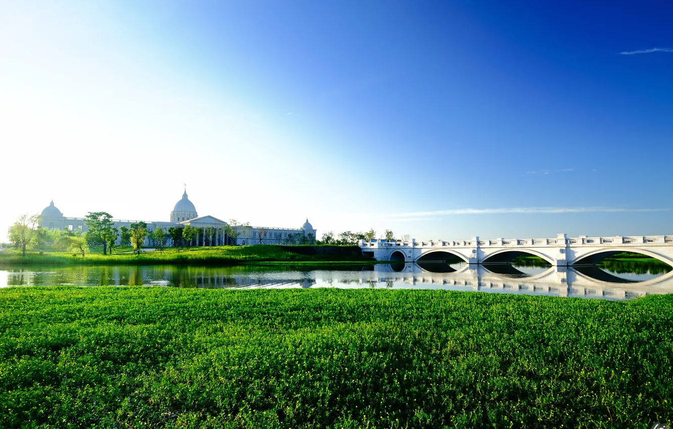 Photo wallpaper greens, the sky, grass, bridge, river, plant, building, arch
