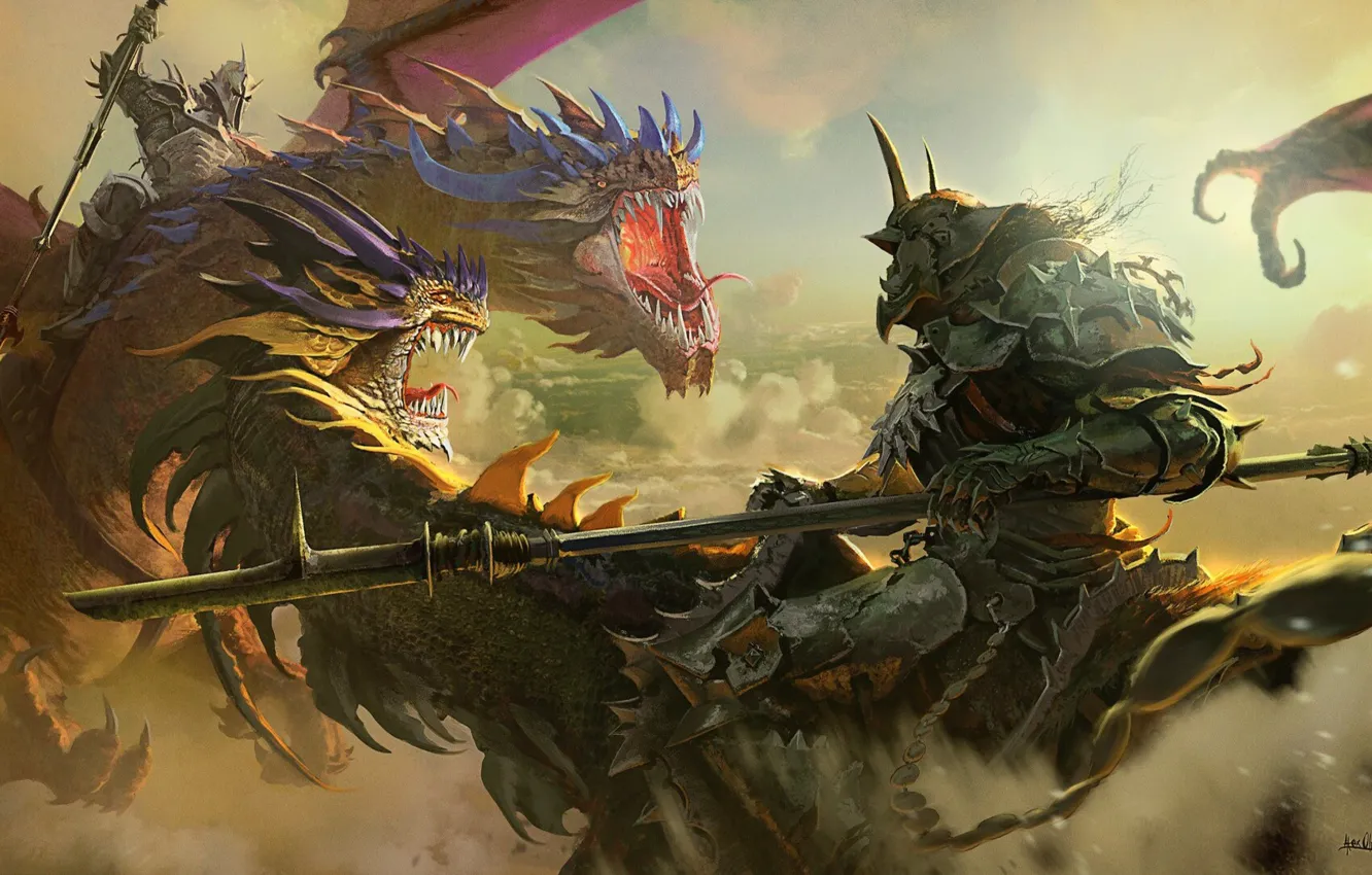 Photo wallpaper dragons, mouth, battle, the battle, knights, peaks, the fight, helmet. horns