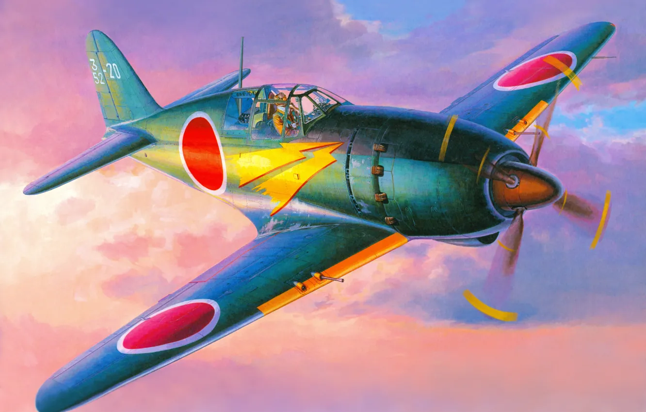 Photo wallpaper the sky, figure, art, Mitsubishi, the plane, The second world war, Japanese, fighter-interceptor