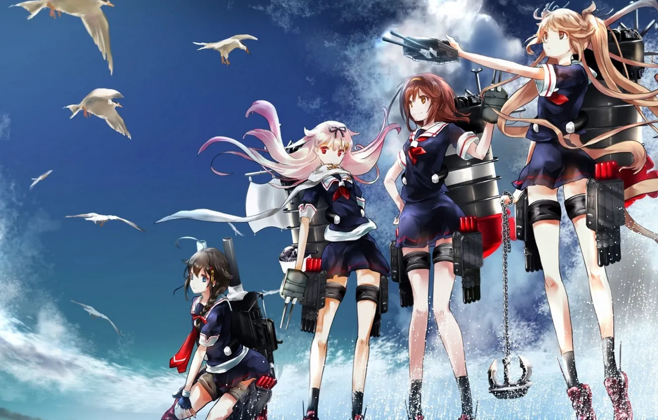 Photo wallpaper the sky, girl, clouds, weapons, bird, anime, art, kantai collection