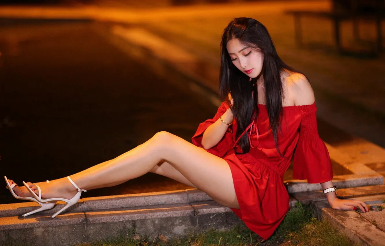 Photo wallpaper Asian, sandals, sitting on the curb