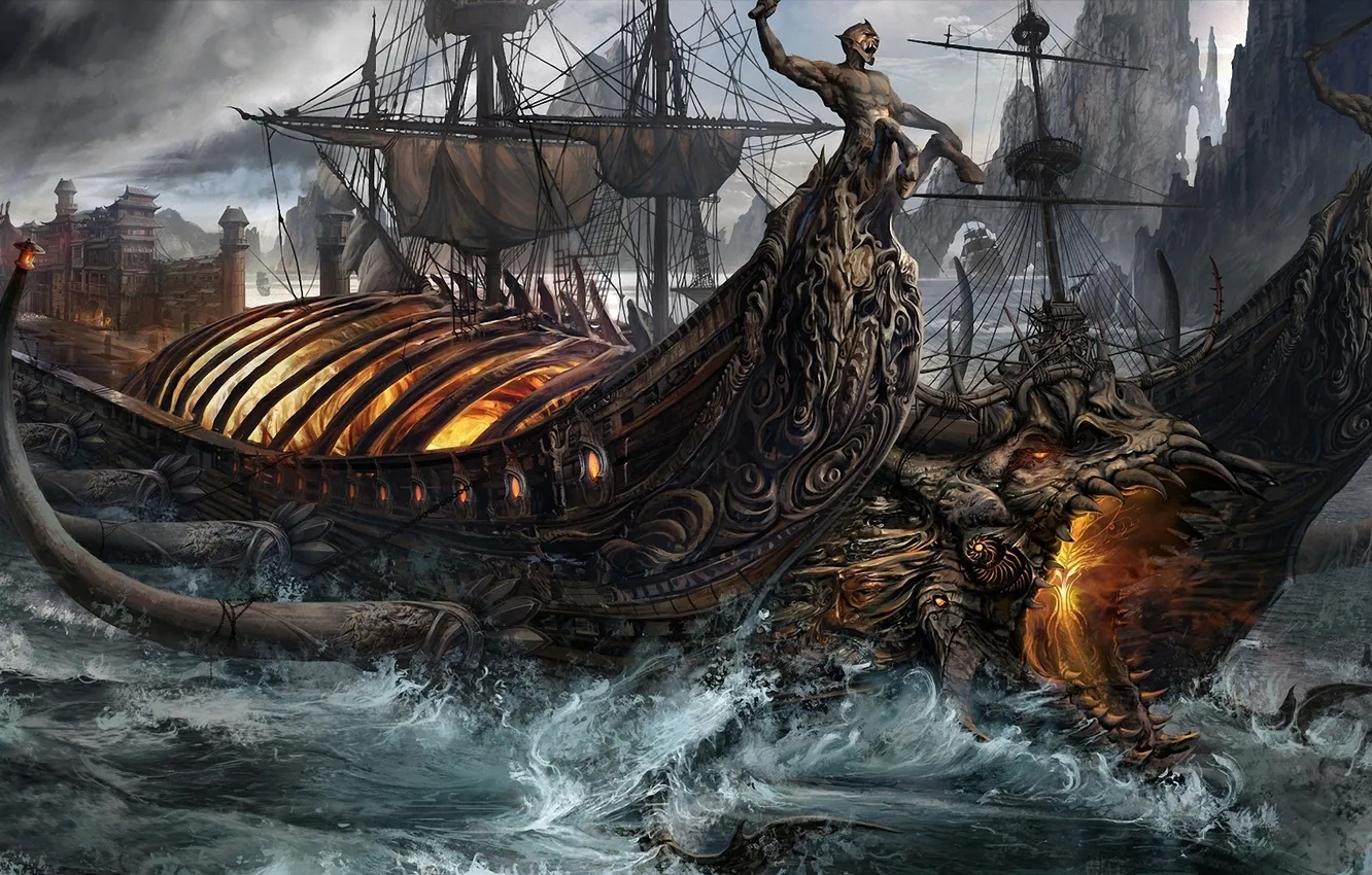 Photo wallpaper wave, lights, magic, ship, sailboat, head, fantasy, art