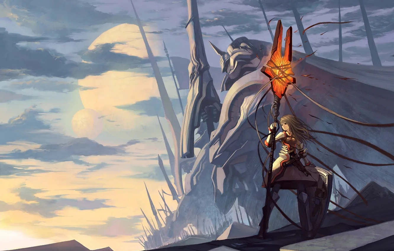 Photo wallpaper girl, clouds, rocks, planet, army, tape, staff, shield