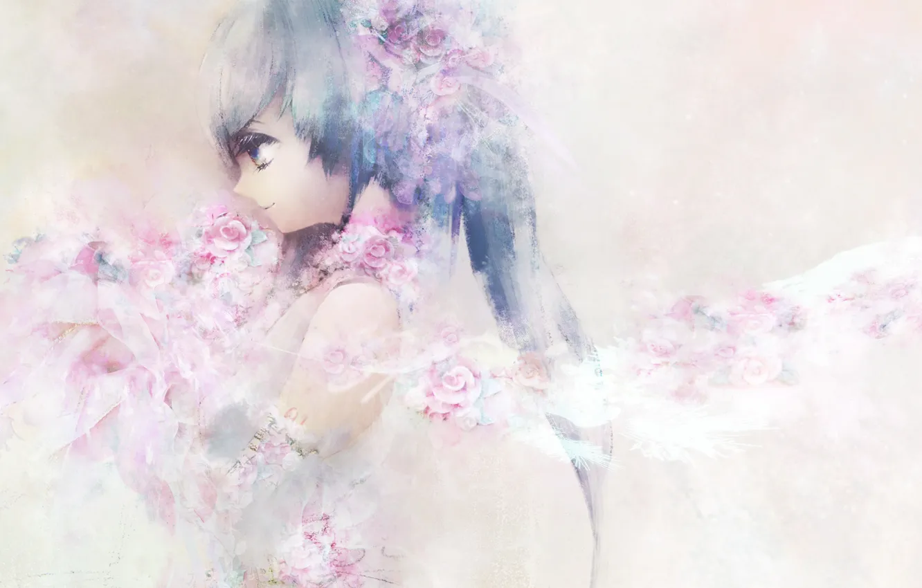 Photo wallpaper girl, flowers, wings, art, vocaloid, hatsune miku, Vocaloid