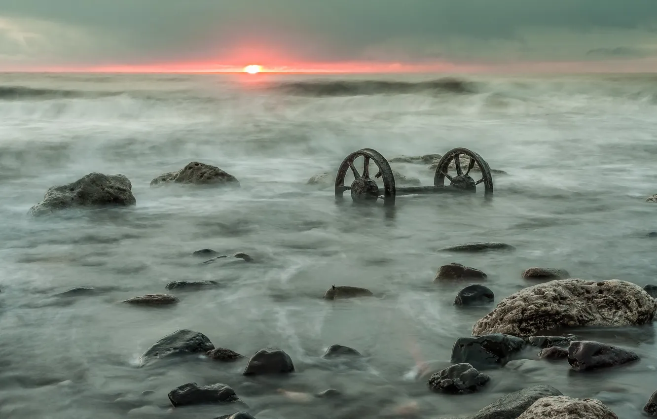 Photo wallpaper sea, landscape, sunset, wheel