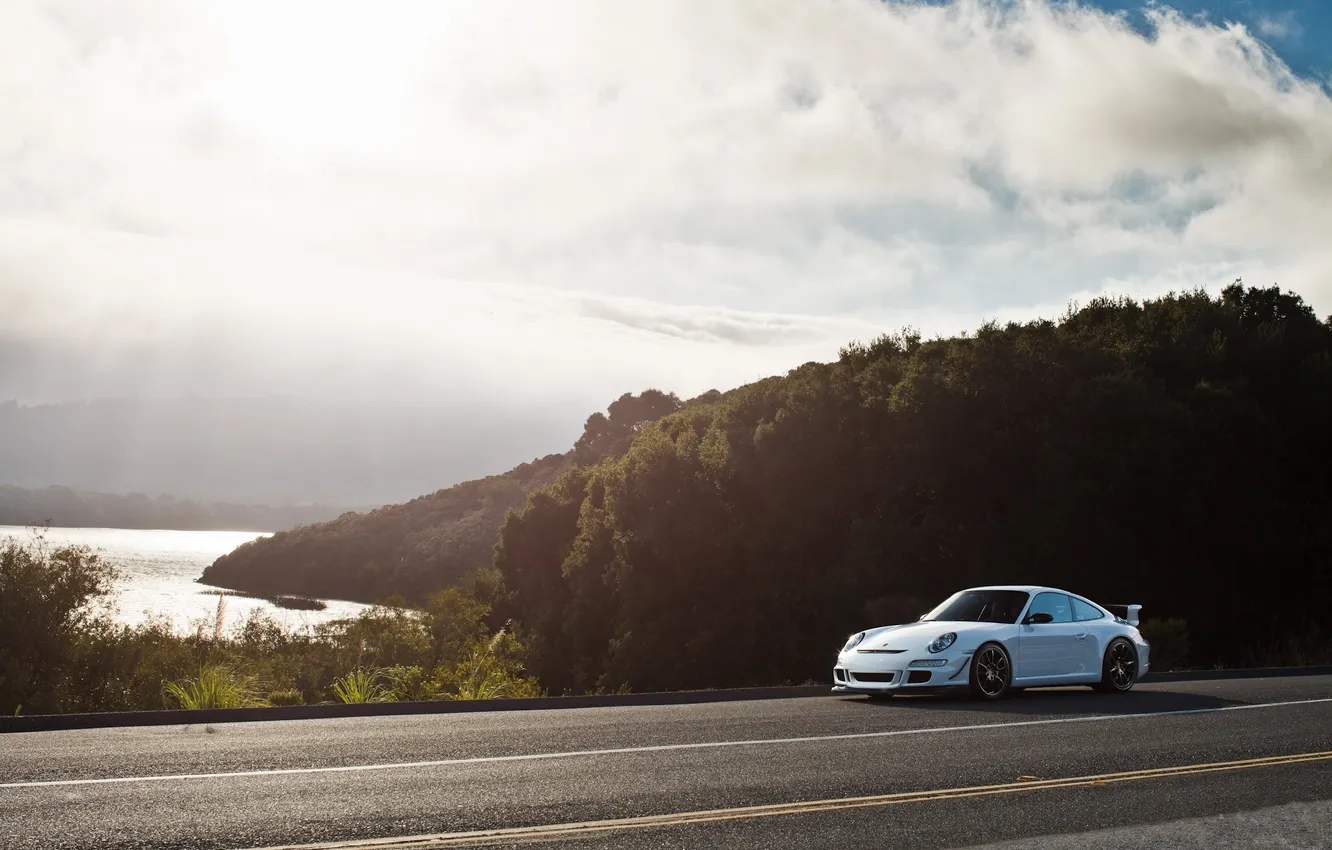 Photo wallpaper road, white, the sky, clouds, markup, Porsche, white, Porsche