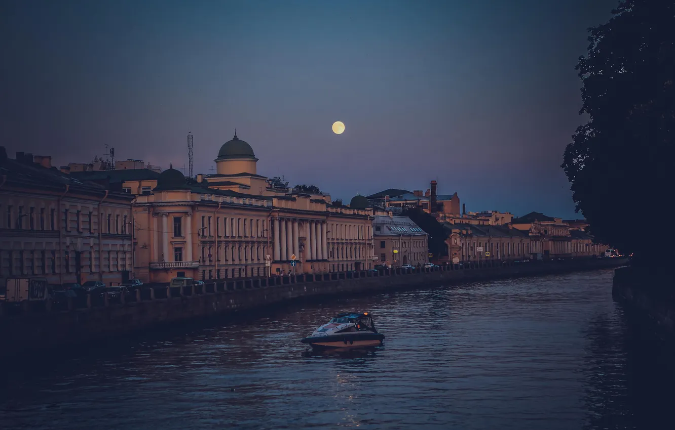 Photo wallpaper river, the moon, the evening, Peter, Saint Petersburg, Russia, promenade, SPb