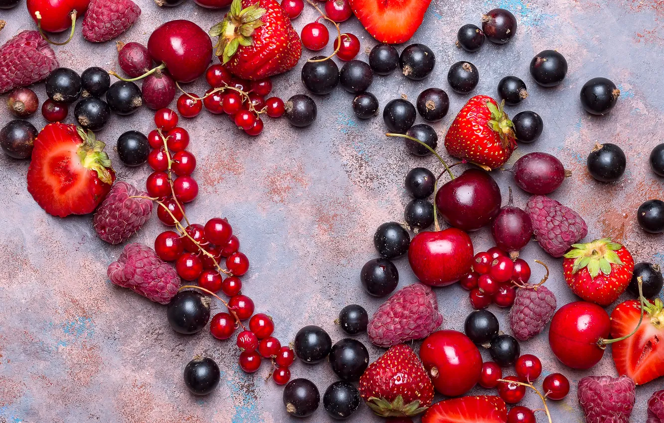 Photo wallpaper berries, raspberry, strawberry, fresh, currants, strawberry, berries