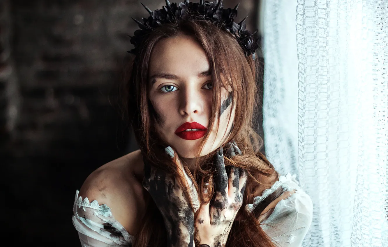 Photo wallpaper look, girl, face, paint, portrait, dirt, curtains, brown hair