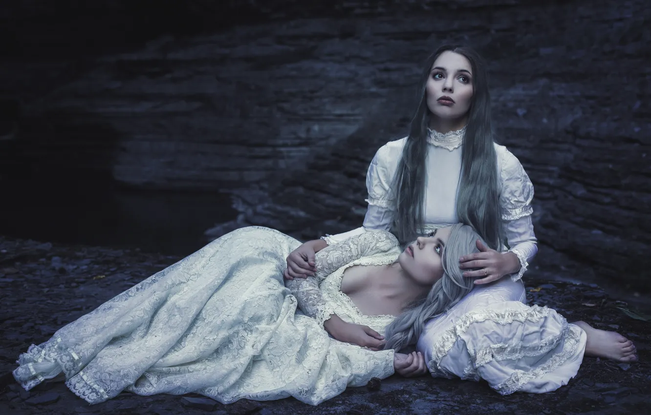 Photo wallpaper look, girl, nature, pose, the dark background, mood, rocks, shore