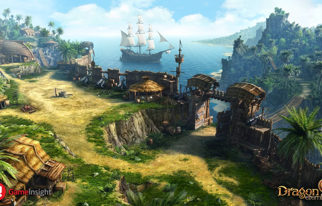 Photo wallpaper sea, palm trees, ship, home, Bay, Dragon Eternity, pirates fort