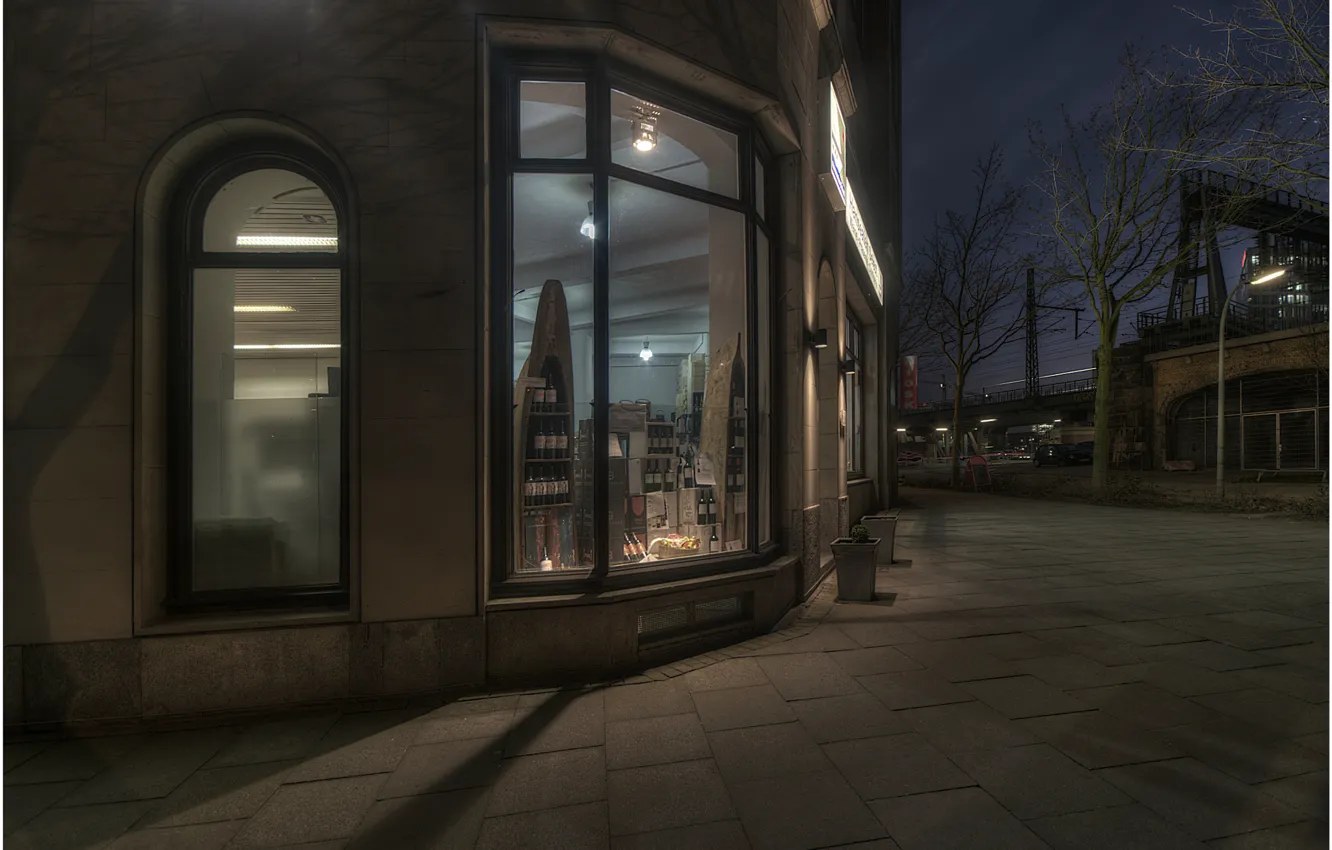 Photo wallpaper trees, night, shadow, Germany, window, lights, shop, exterior