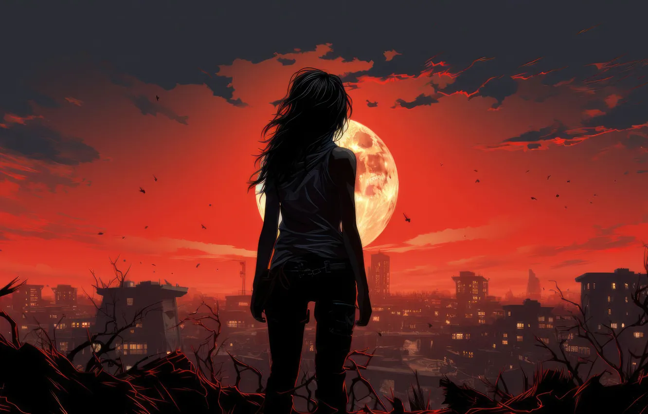 Photo wallpaper girl, anime, sun, ruins, silhouette