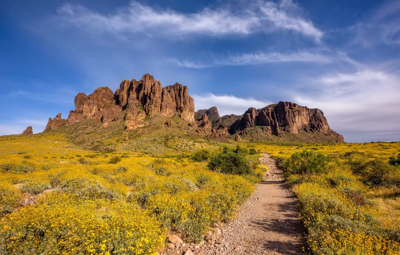 Photo wallpaper the sky, mountains, rocks, USA, Arizona, Superstition Mountains