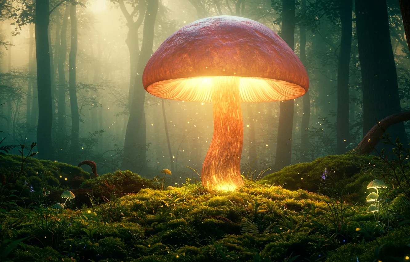 Photo wallpaper forest, trees, night, fantasy, Wallpaper, mushrooms, moss, art