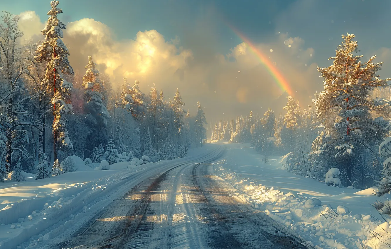 Photo wallpaper winter, frost, road, forest, clouds, light, snow, fog