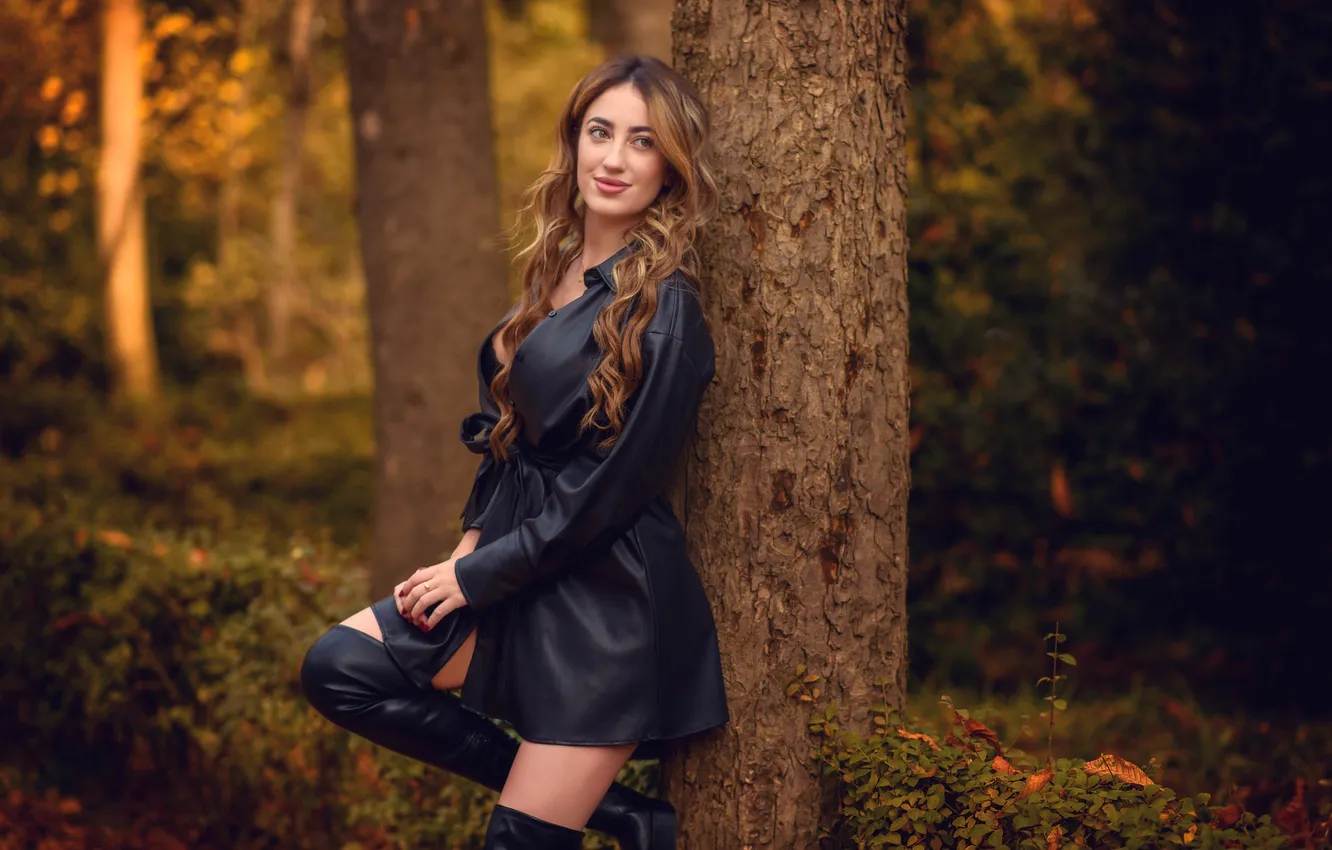 Photo wallpaper forest, girl, pose, tree, boots, trunk, cloak, long hair