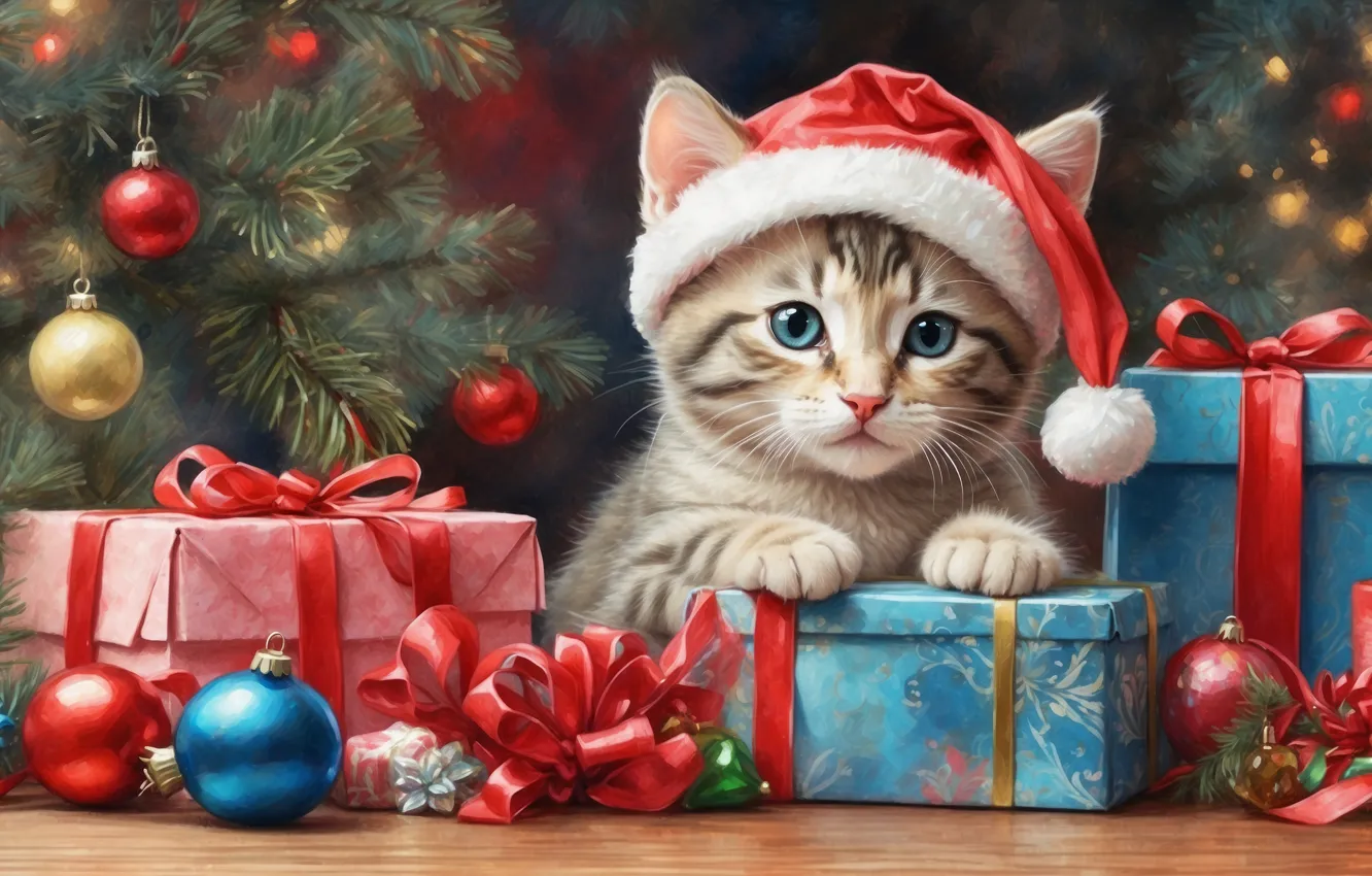 Photo wallpaper cat, look, balls, branches, pose, box, gift, sweetheart